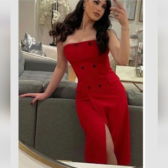 NWT Zara ZW Collection Strapless Dress With Pockets Bright Red S 8659/707 New - Picture 2 of 11